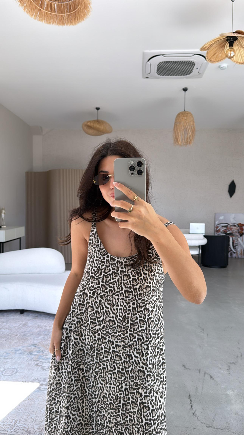 Leopar Yıkamalı Keten Maxi Elbise