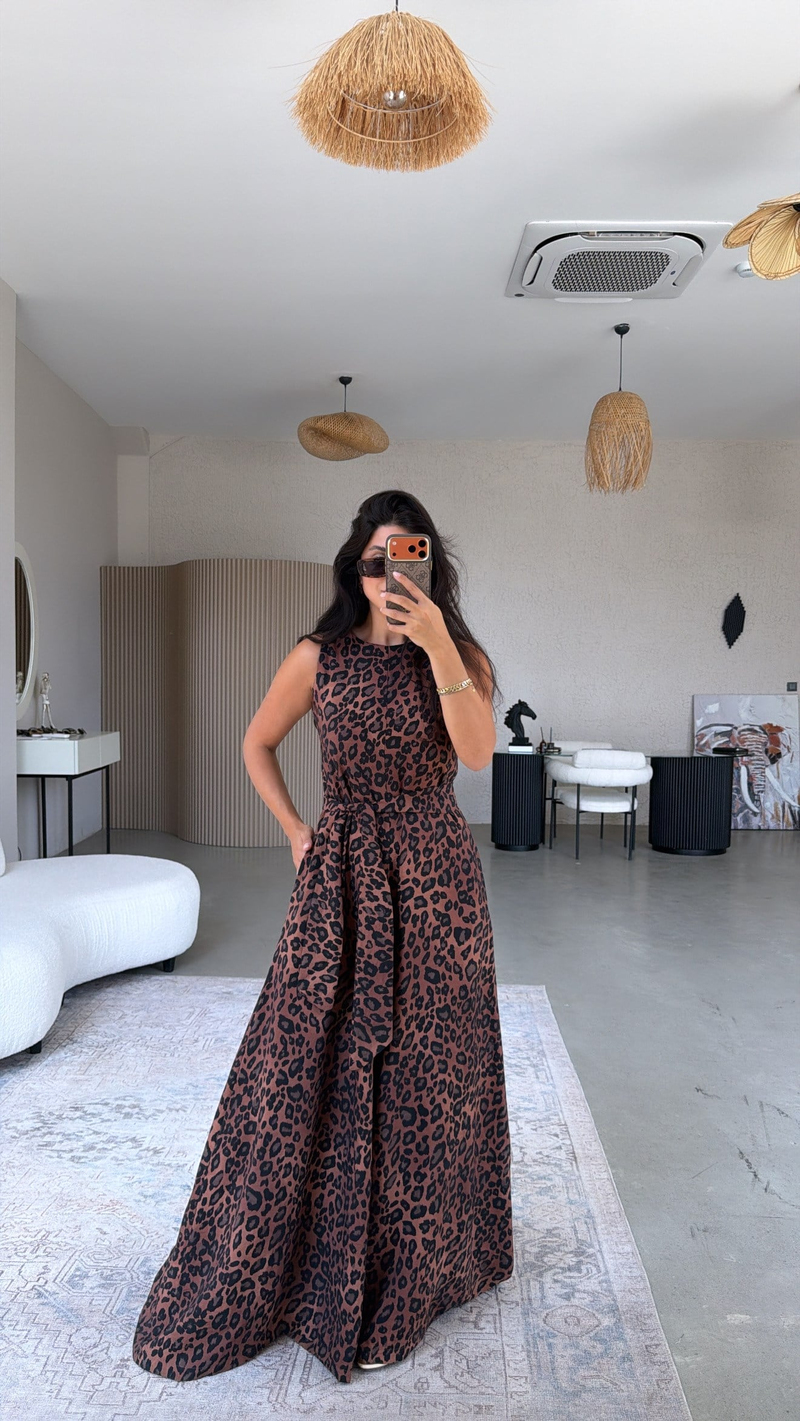 Leoparlı Bol Paça Kuşaklı Tulum