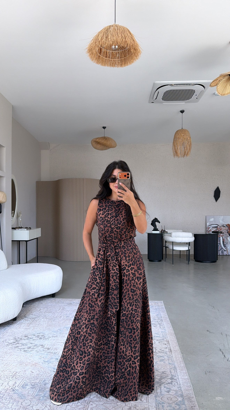 Leoparlı Bol Paça Kuşaklı Tulum