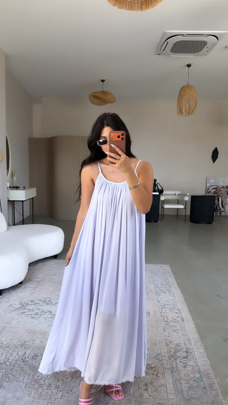 Lila Askılı Romantik Pamuk Uzun Elbise
