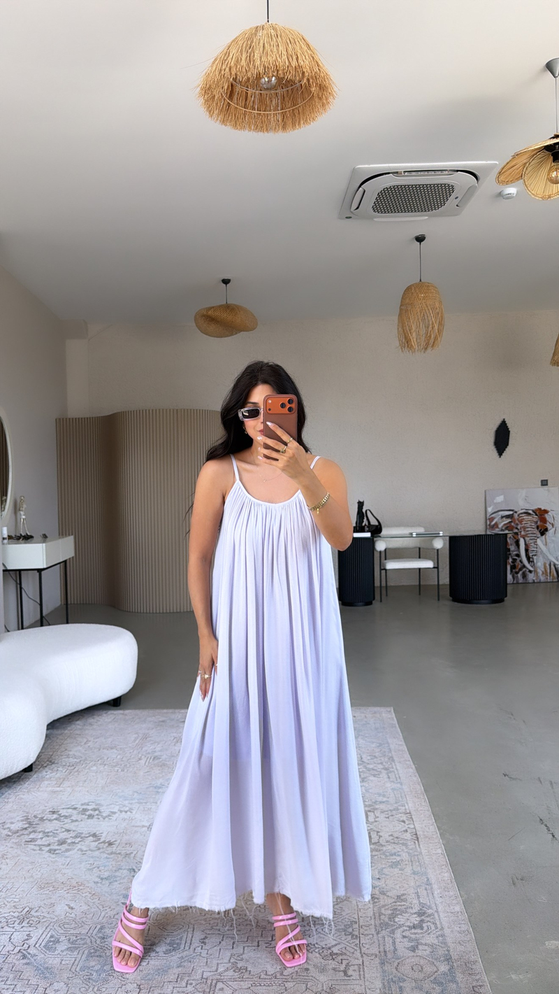 Lila Askılı Romantik Pamuk Uzun Elbise