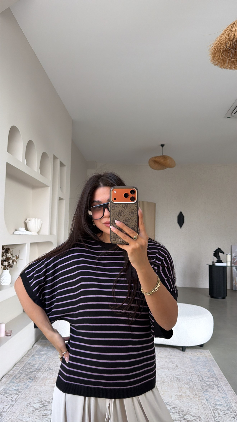 Lila Çizgili Yarasa Kol Triko Bluz