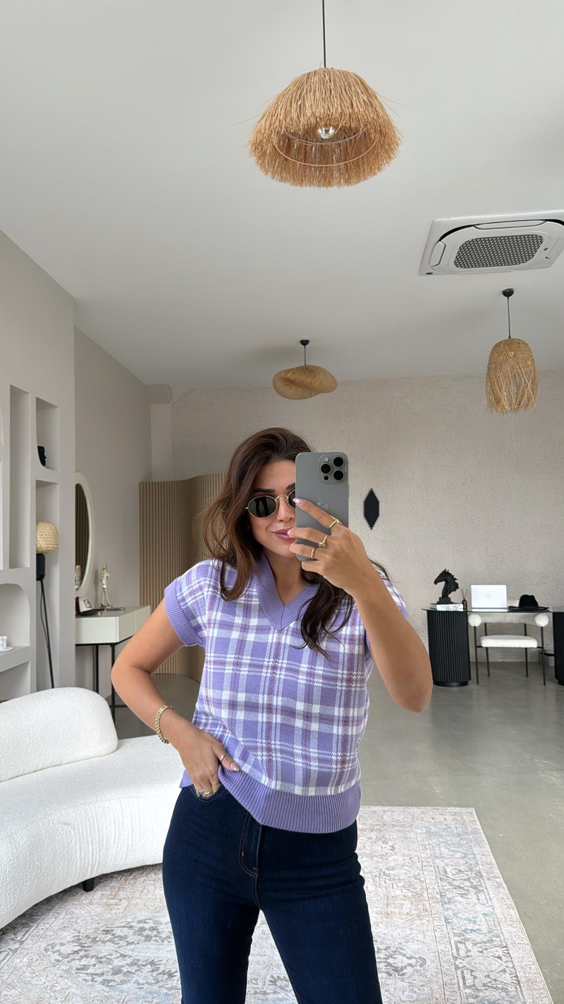 Lila Kare Desenli Triko Bluz