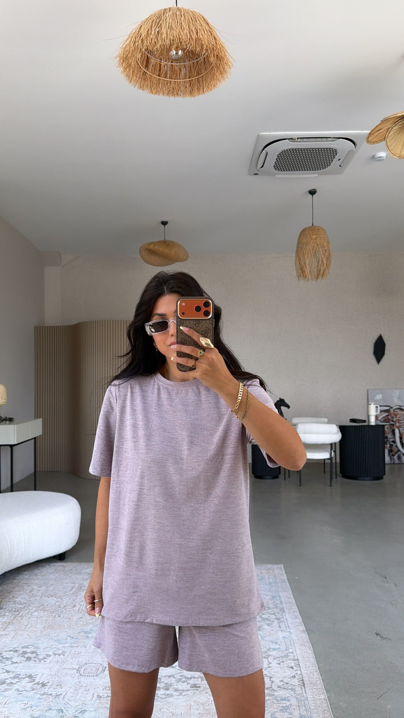 Lila Kırçıllı Rahat Kumaş Şort Tshirt Takım