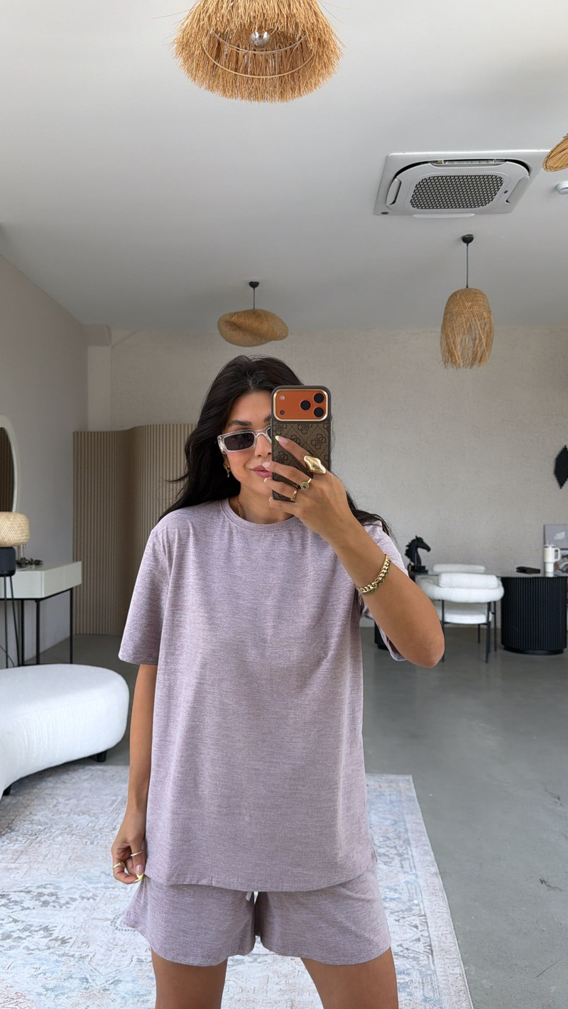Lila Kırçıllı Rahat Kumaş Şort Tshirt Takım