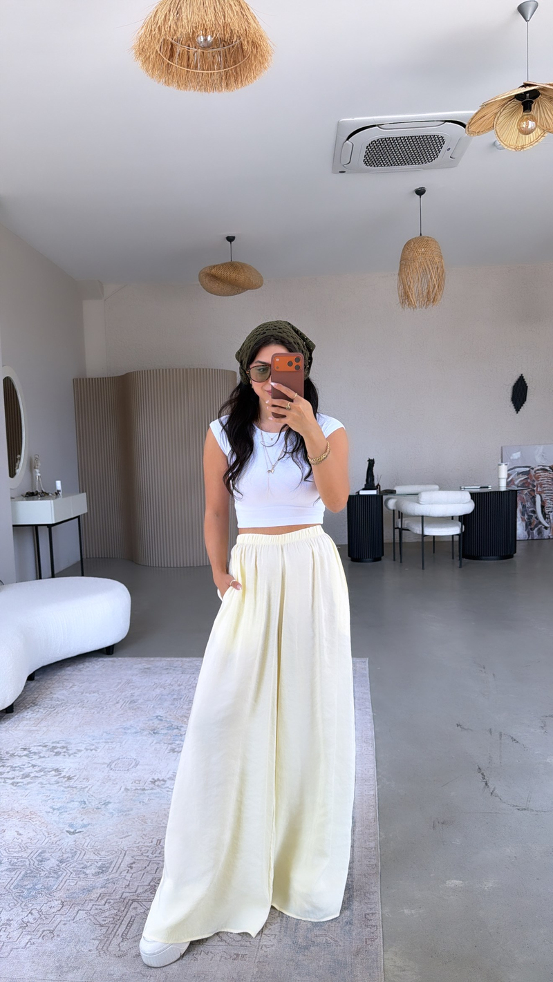 Limon Sarı Ultra Wide Leg Tensel Pantolon