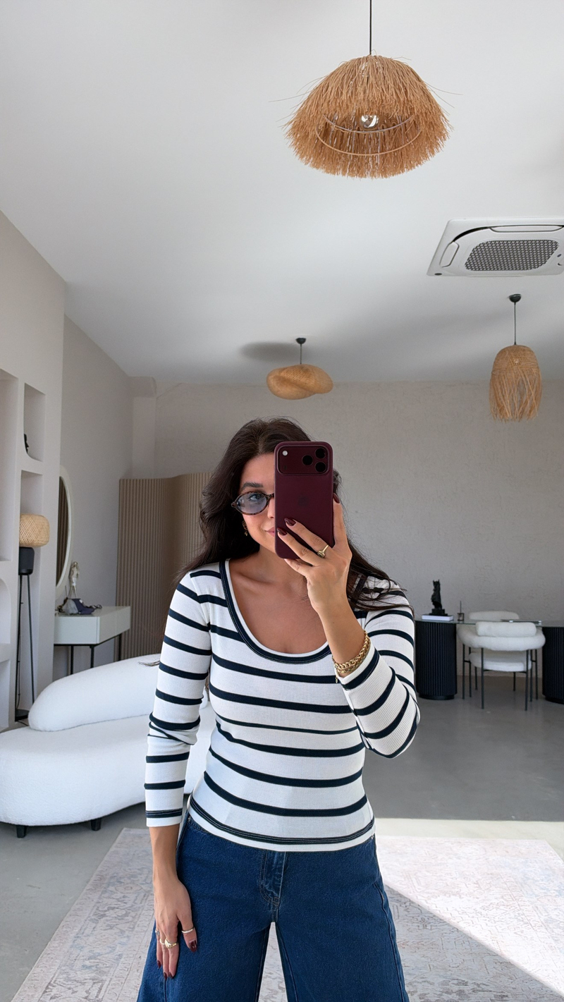 Marin Çizgili U Yaka Ribana Bluz