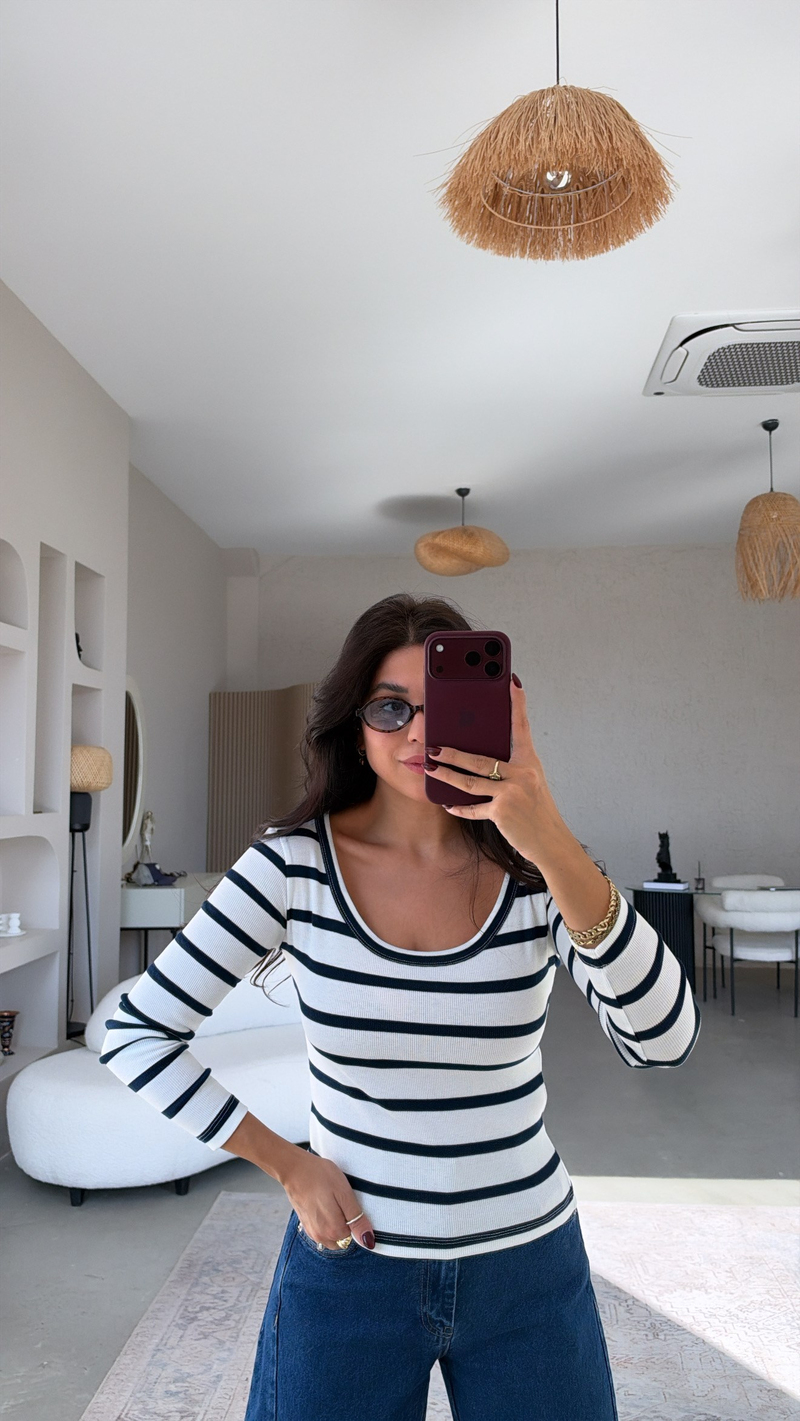 Marin Çizgili U Yaka Ribana Bluz