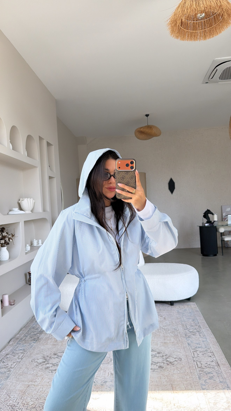 Mavi Çizgili İnce Waterproof Ceket