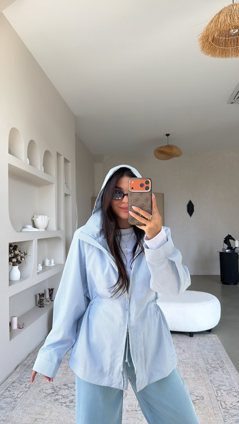 Mavi Çizgili İnce Waterproof Ceket