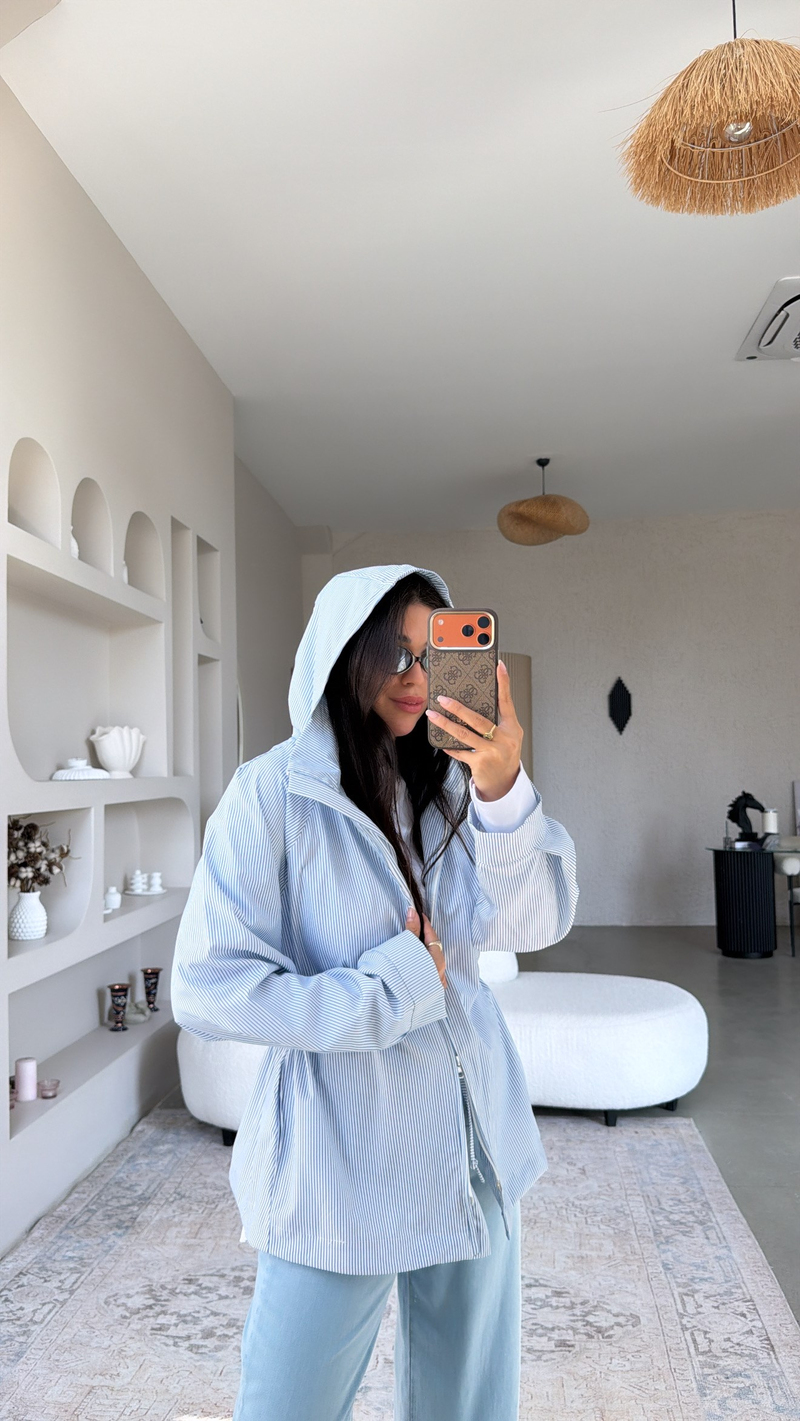 Mavi Çizgili İnce Waterproof Ceket