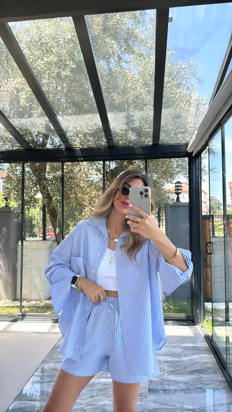 Mavi Çizgili Poplin Şortlu Takım