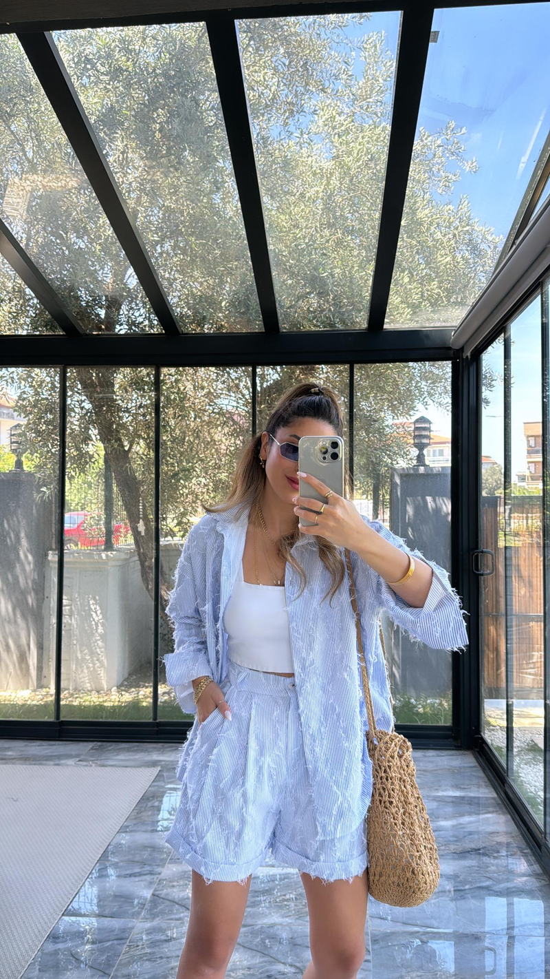 Mavi Çizgili Püsküllü Şort Gömlek Takım