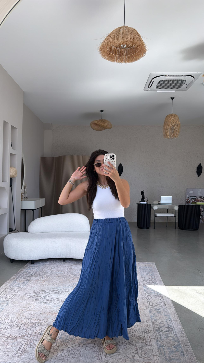 Mavi Kırışık Dokuma Modal Etek