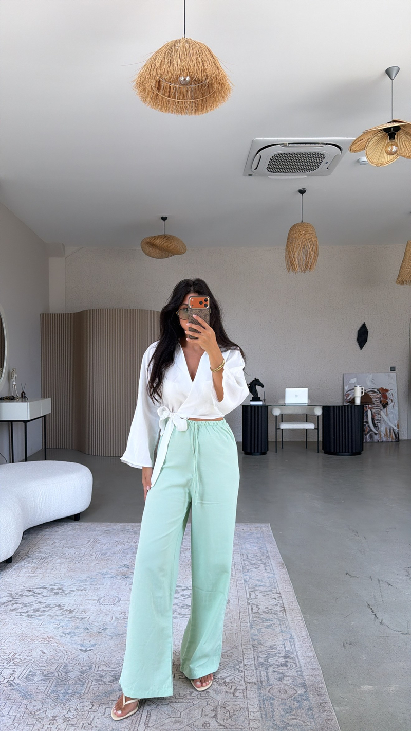 Mint Keten Karışımlı Basic Bol Paça Pantolon