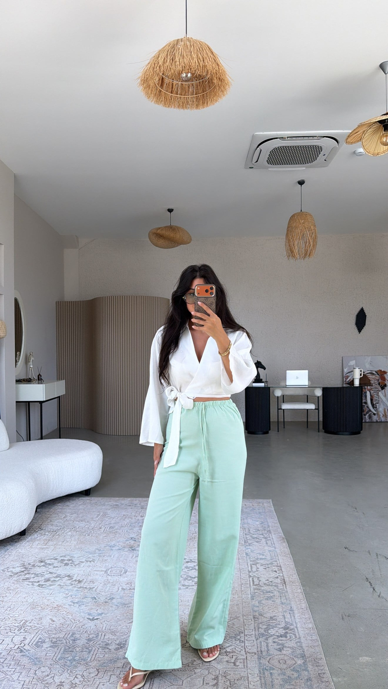 Mint Keten Karışımlı Basic Bol Paça Pantolon