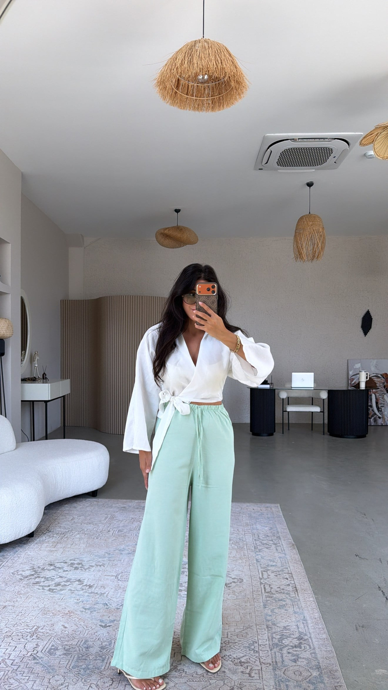 Mint Keten Karışımlı Basic Bol Paça Pantolon