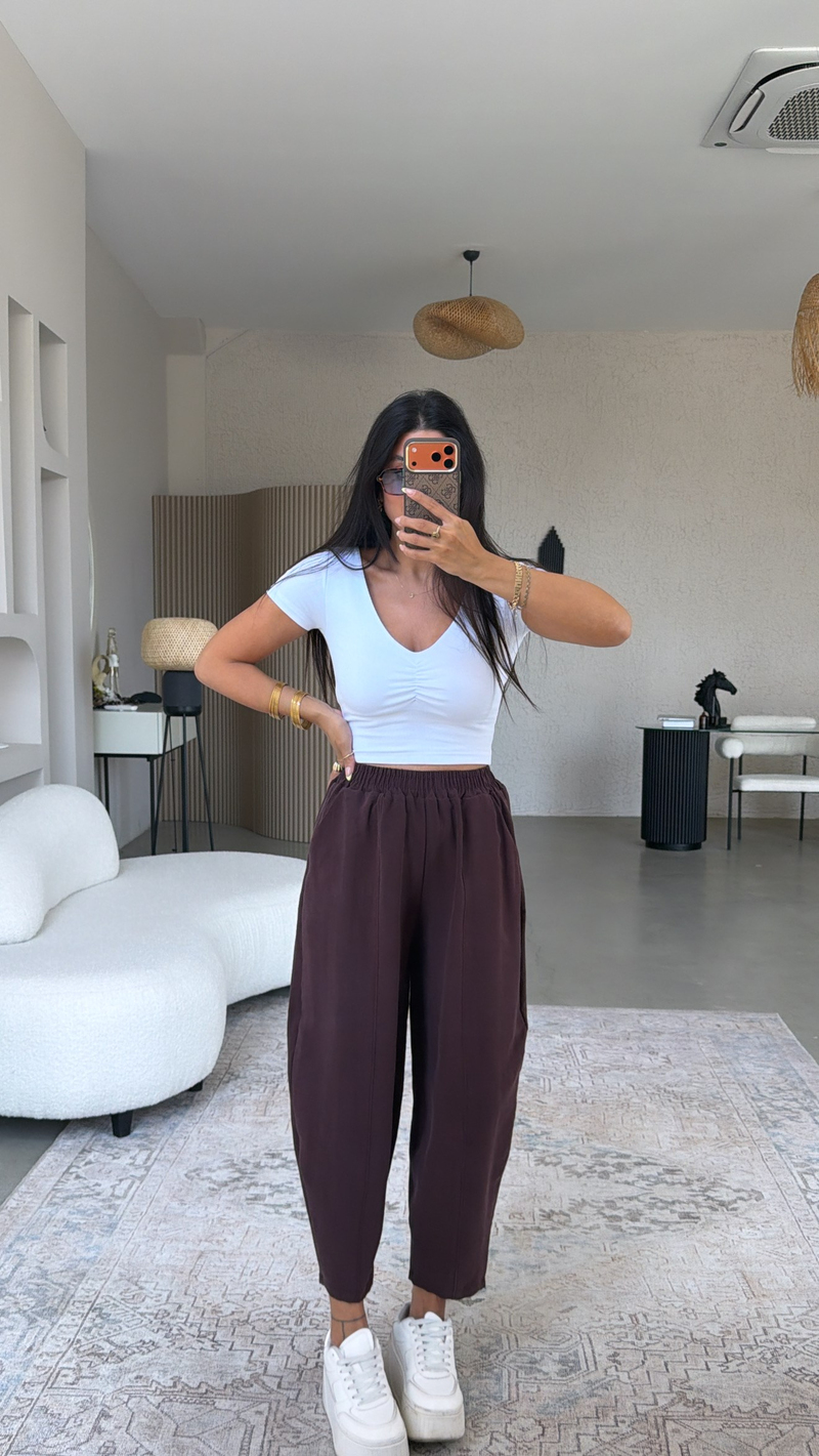 Mürdüm Beli Lastikli Baggy Yıkamalı Tensel Kumaş Premium Pantolon