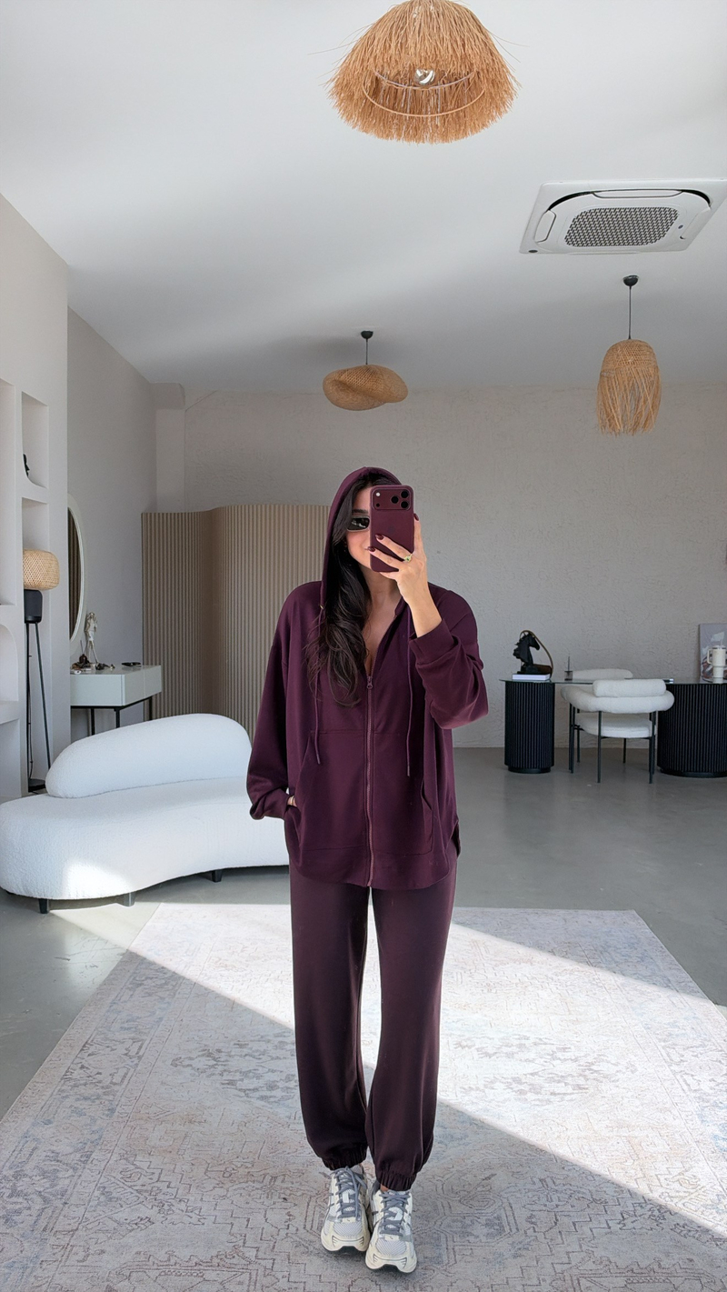 Mürdüm Fermuarlı Cepli Modal Hoodie