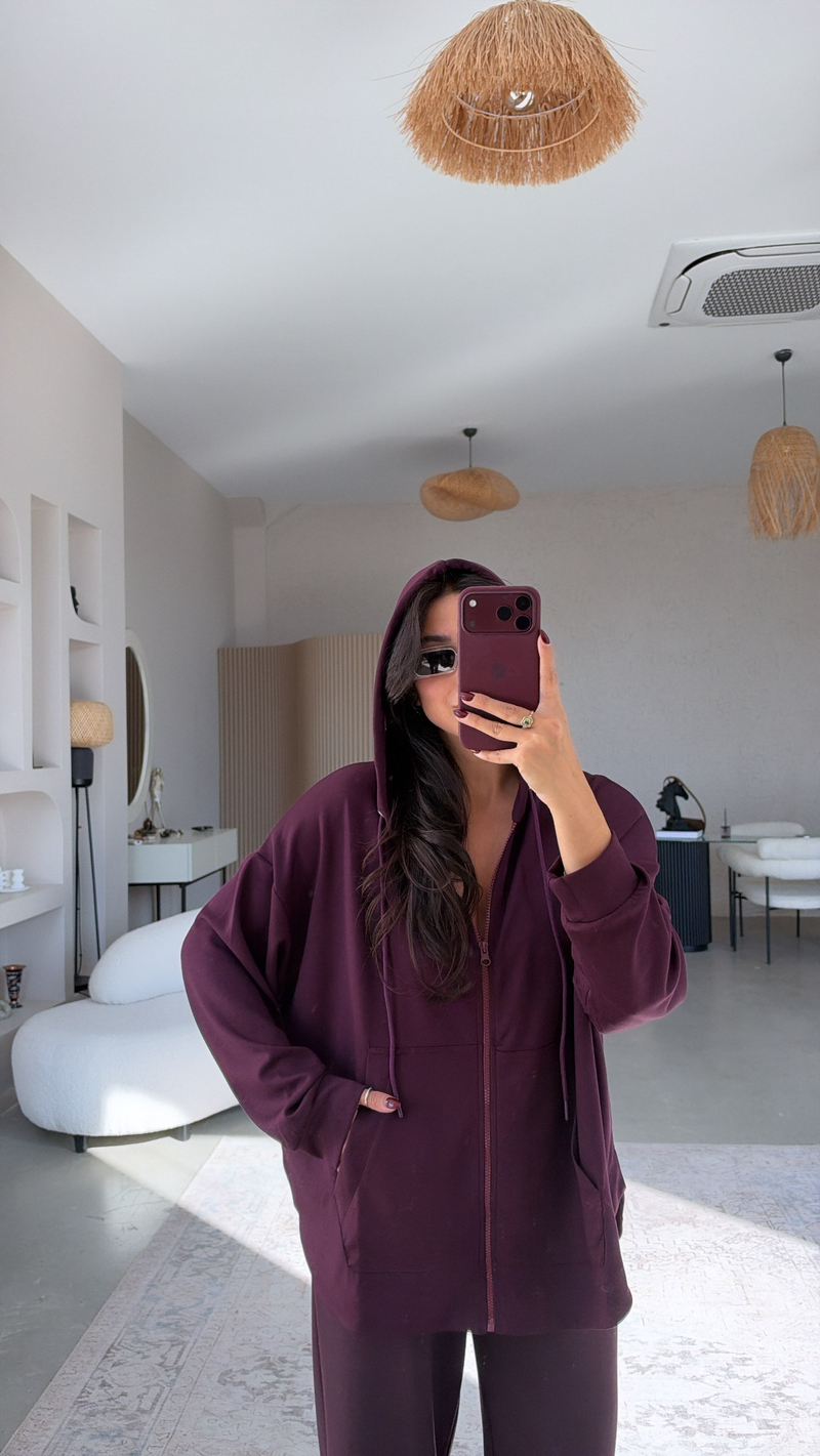 Mürdüm Fermuarlı Cepli Modal Hoodie