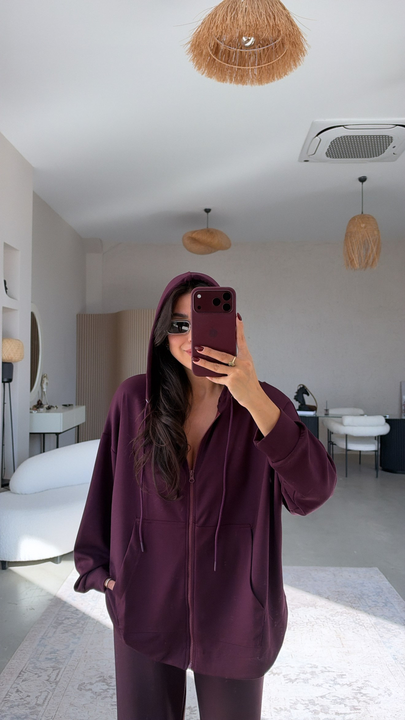 Mürdüm Fermuarlı Cepli Modal Hoodie