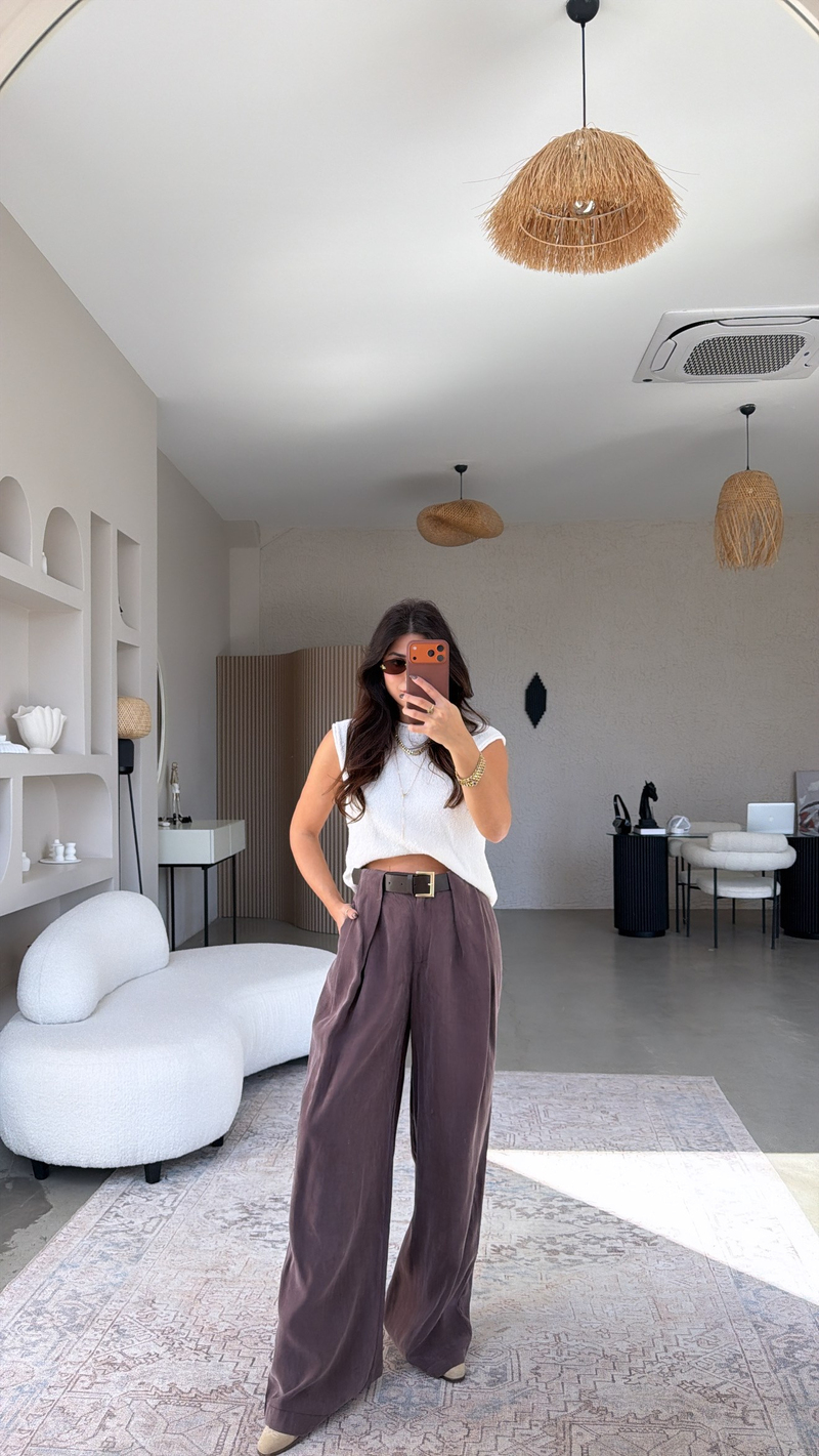 Mürdüm Gizli Kemer Bölmeli Tensel Bol Paça Pantolon