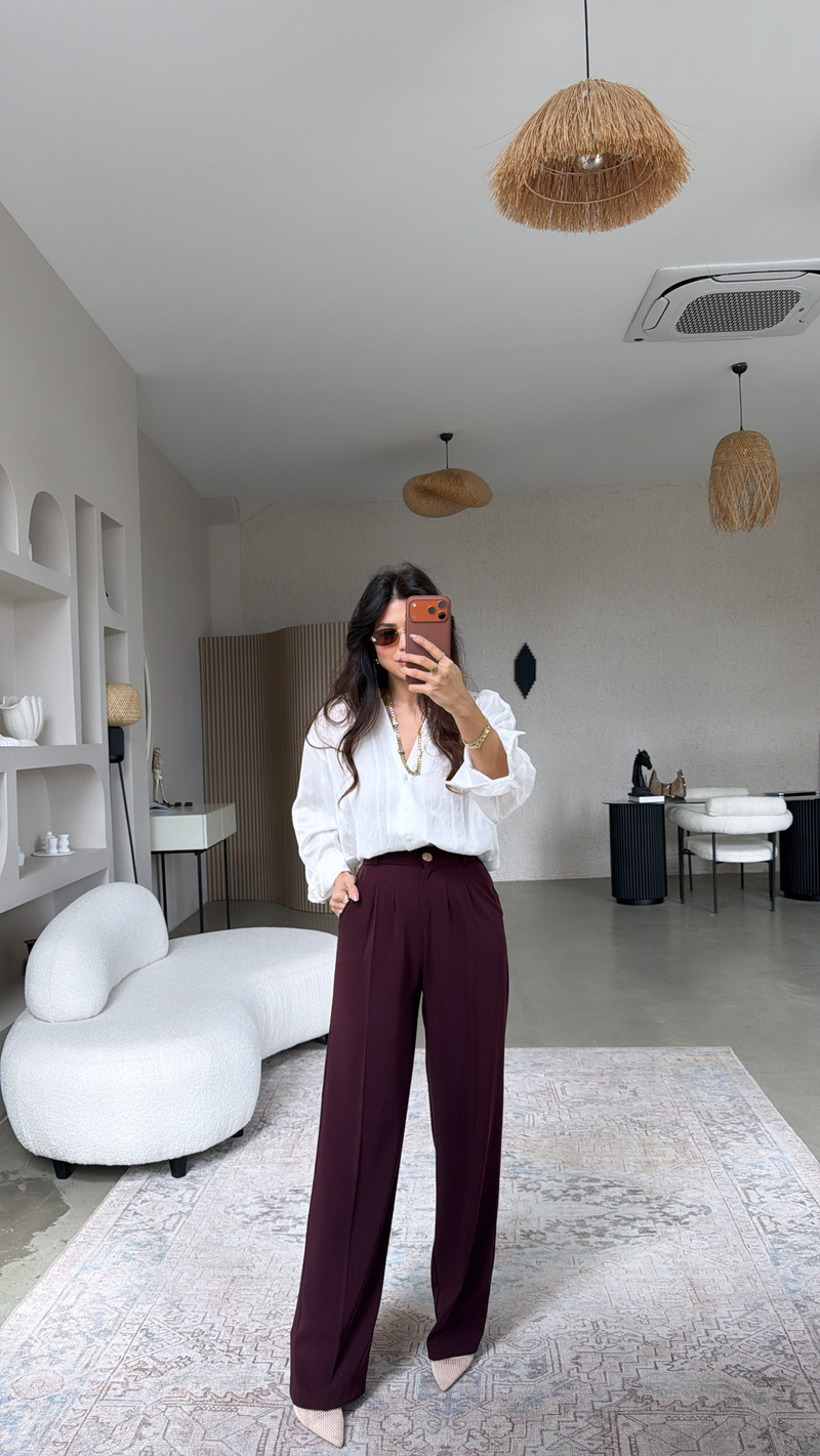 Mürdüm Gold Düğmeli Premium Pantolon