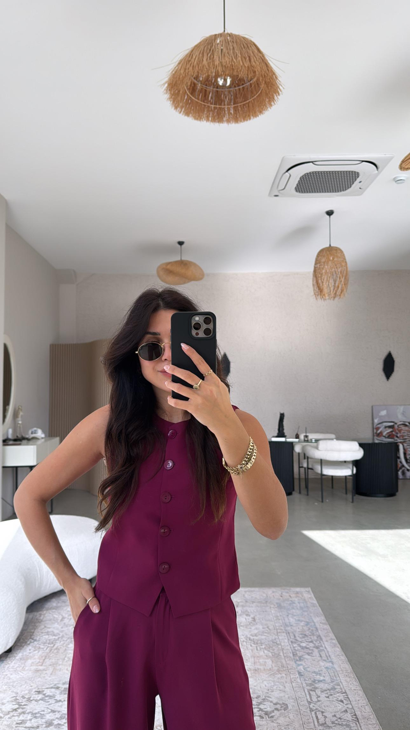 Mürdüm Kumaş Yelek Pantolon Takım