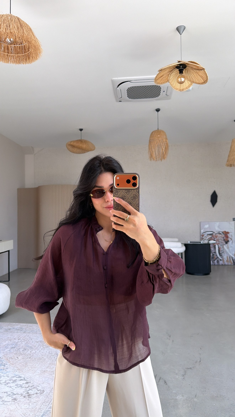 Mürdüm Soft Transparan Kaplama Düğmeli Gömlek Bluz
