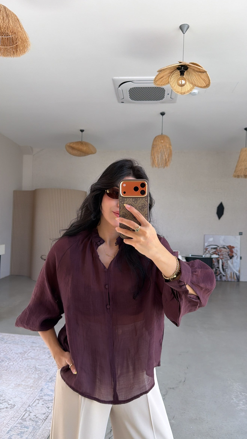 Mürdüm Soft Transparan Kaplama Düğmeli Gömlek Bluz