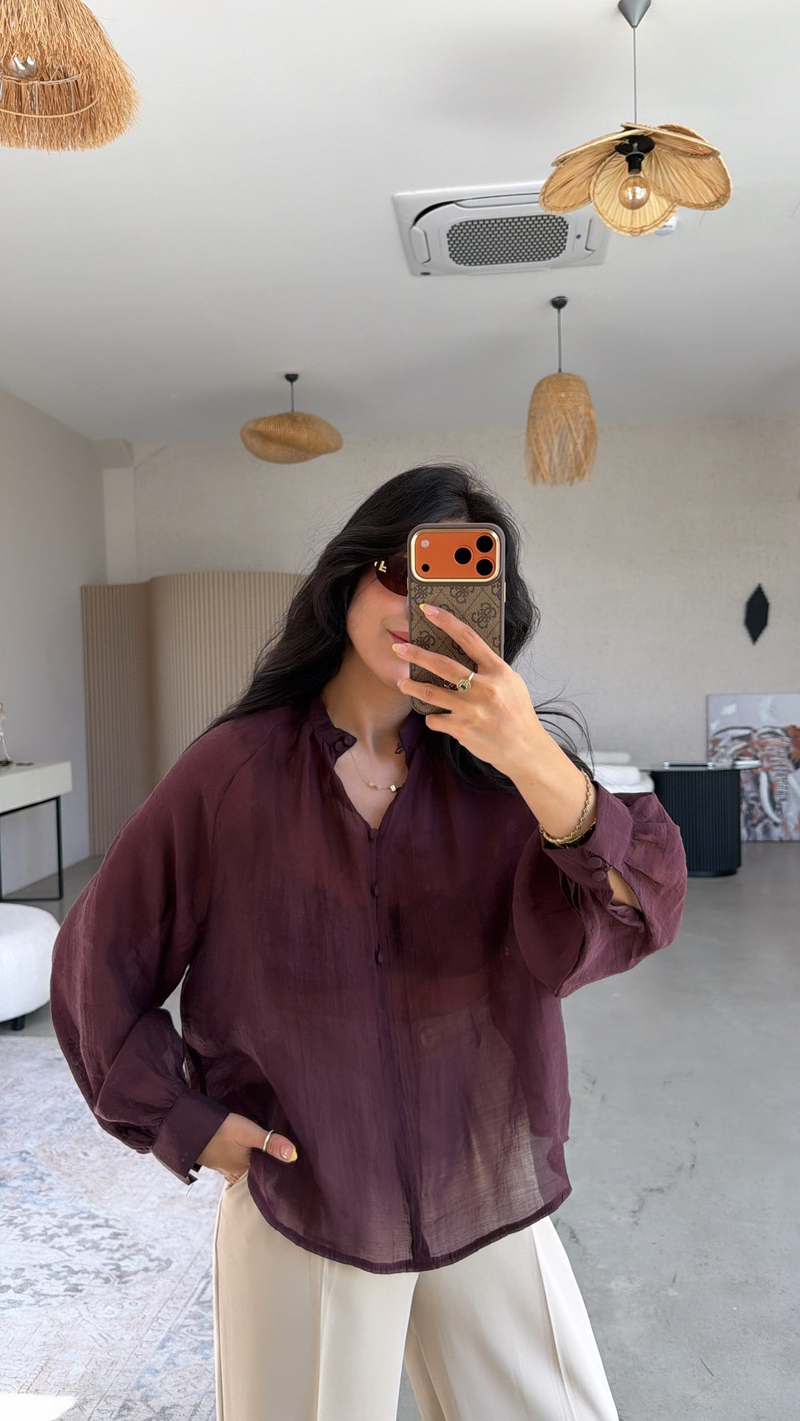 Mürdüm Soft Transparan Kaplama Düğmeli Gömlek Bluz