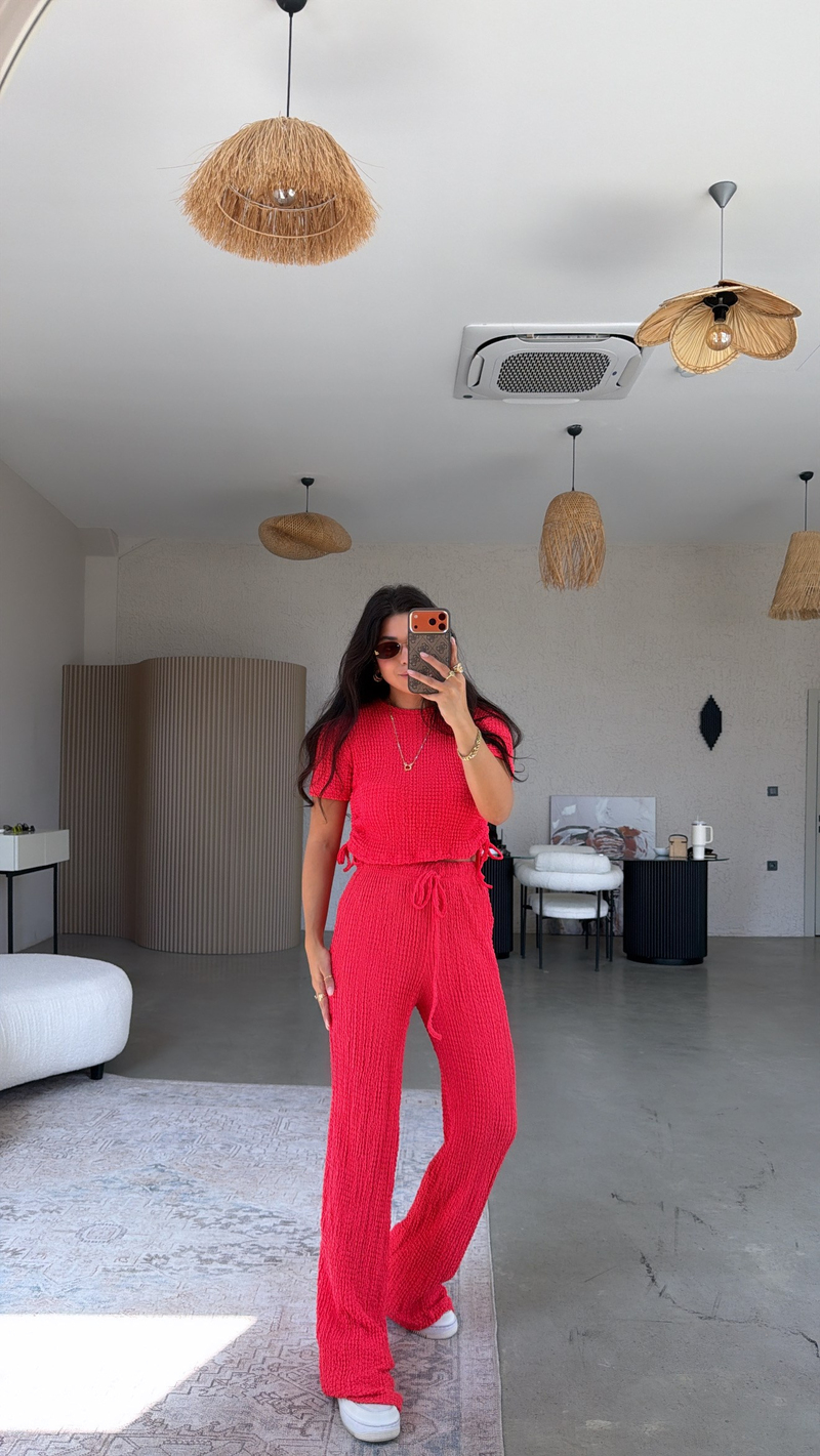 Narçiçeği Kenarları Bağlamalı Bubble Tshirt Pantolon Takım
