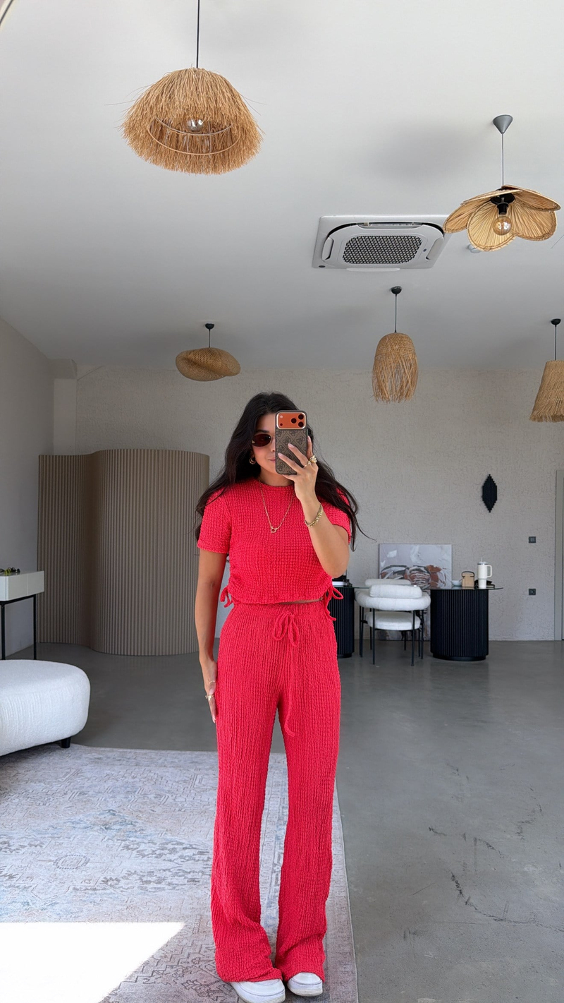 Narçiçeği Kenarları Bağlamalı Bubble Tshirt Pantolon Takım