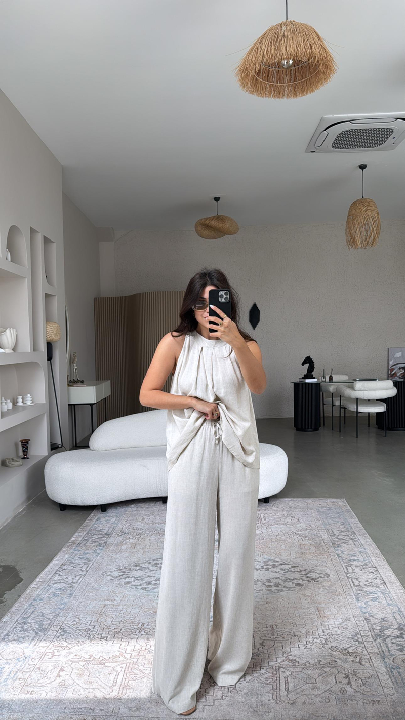 Naturel Keten Pantolon Bluz Takım