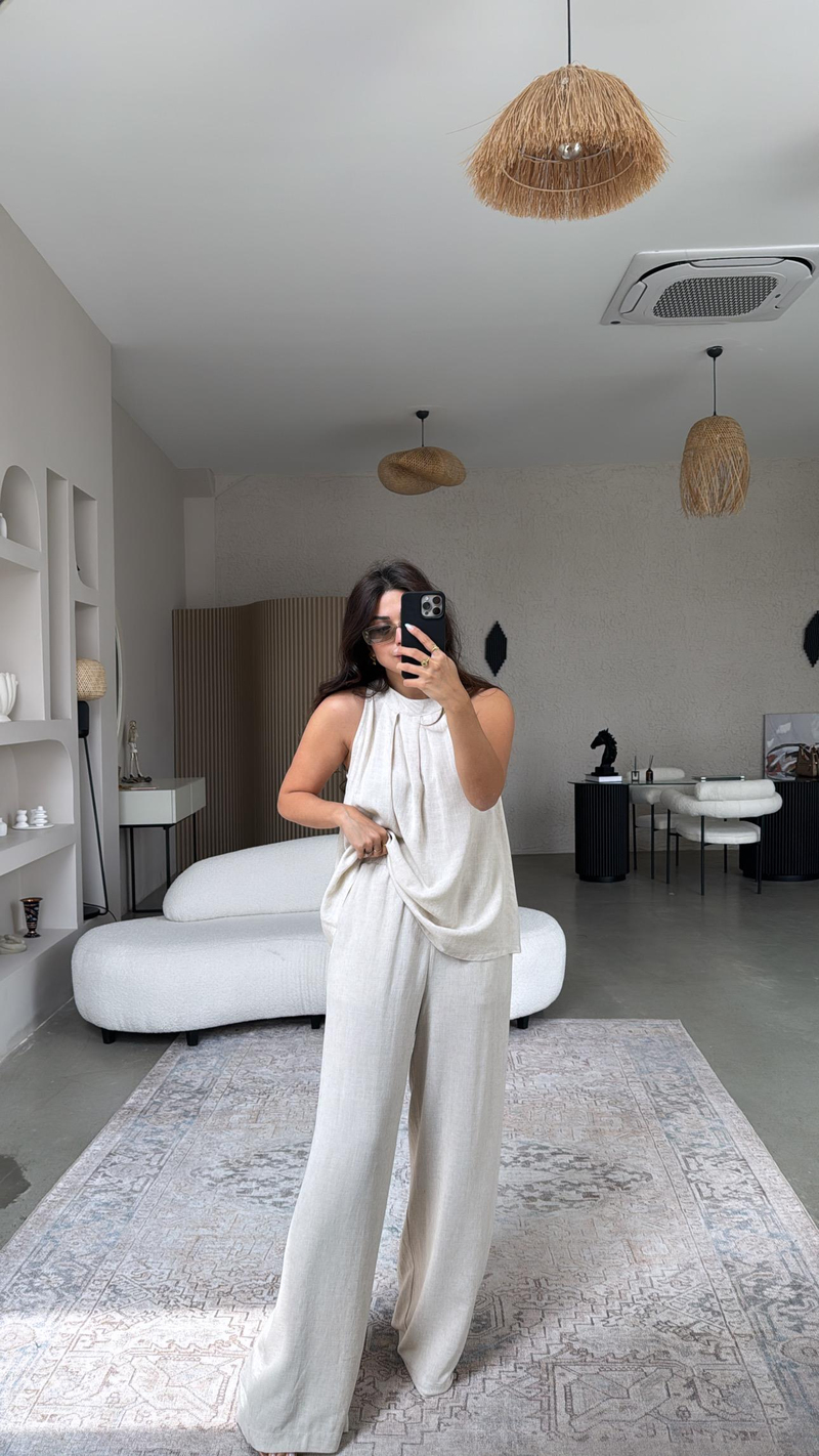 Naturel Keten Pantolon Bluz Takım