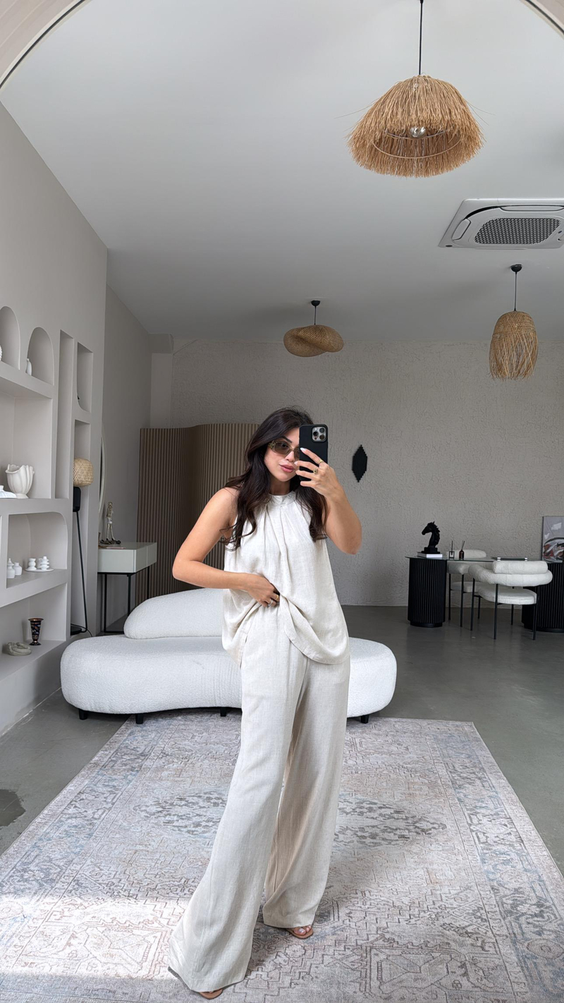 Naturel Keten Pantolon Bluz Takım