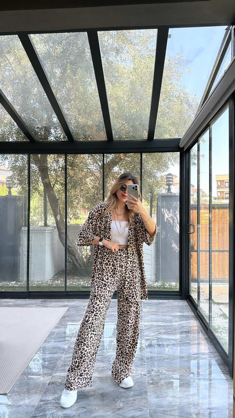 New Leopard Desenli Ceketli Takım