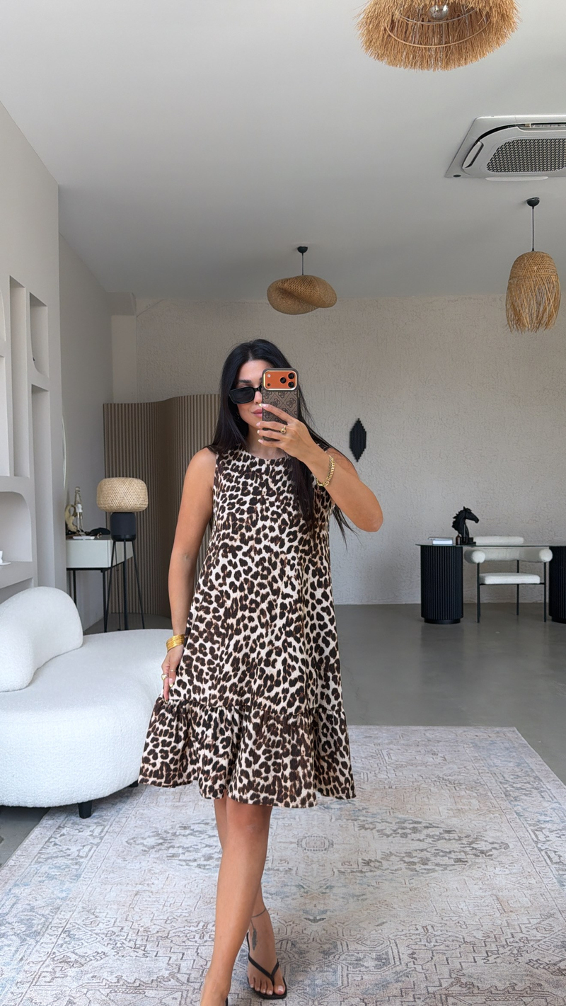 New Leopard Eteği Fırfırlı Bürümcük Elbise