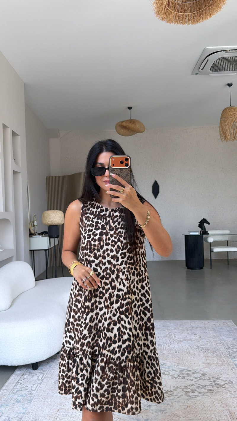 New Leopard Eteği Fırfırlı Bürümcük Elbise
