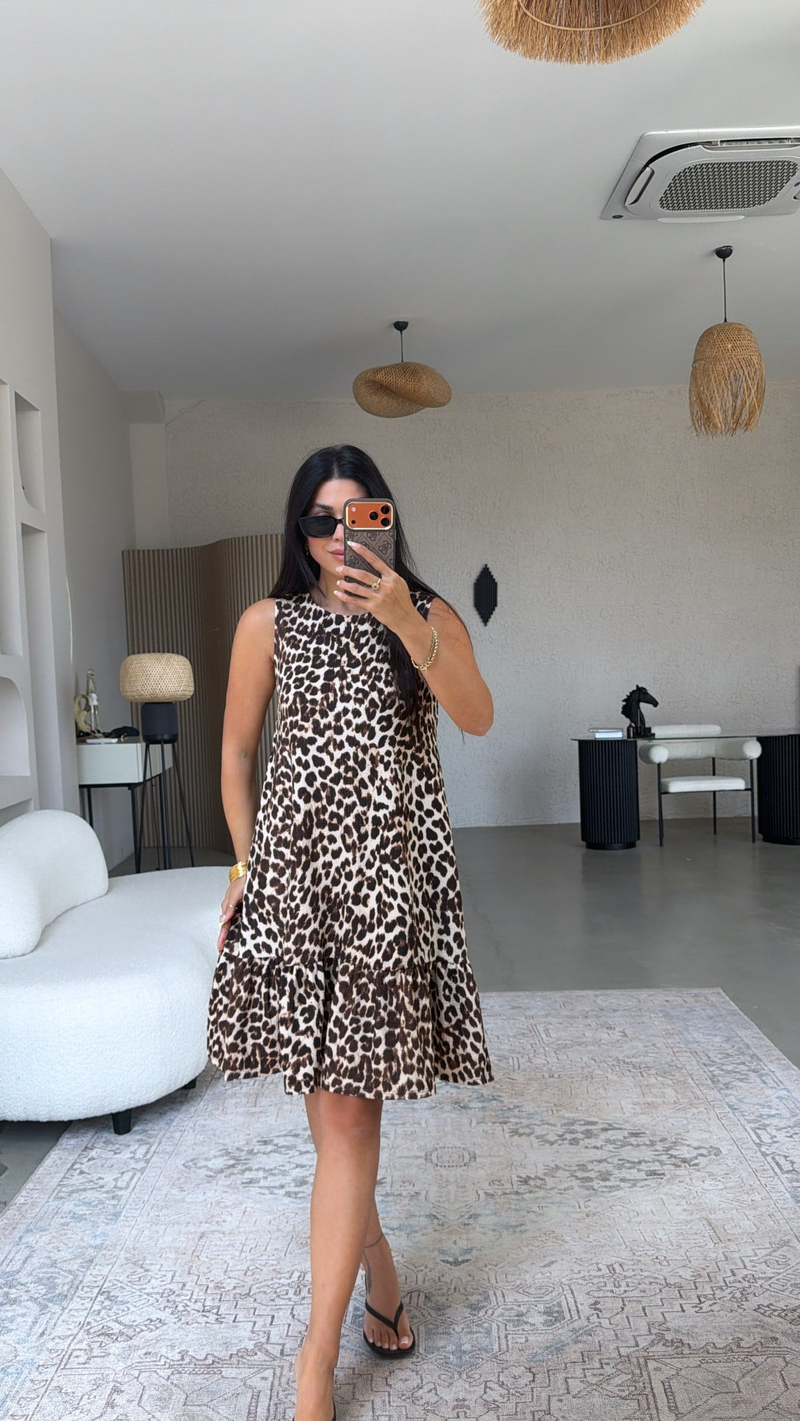New Leopard Eteği Fırfırlı Bürümcük Elbise