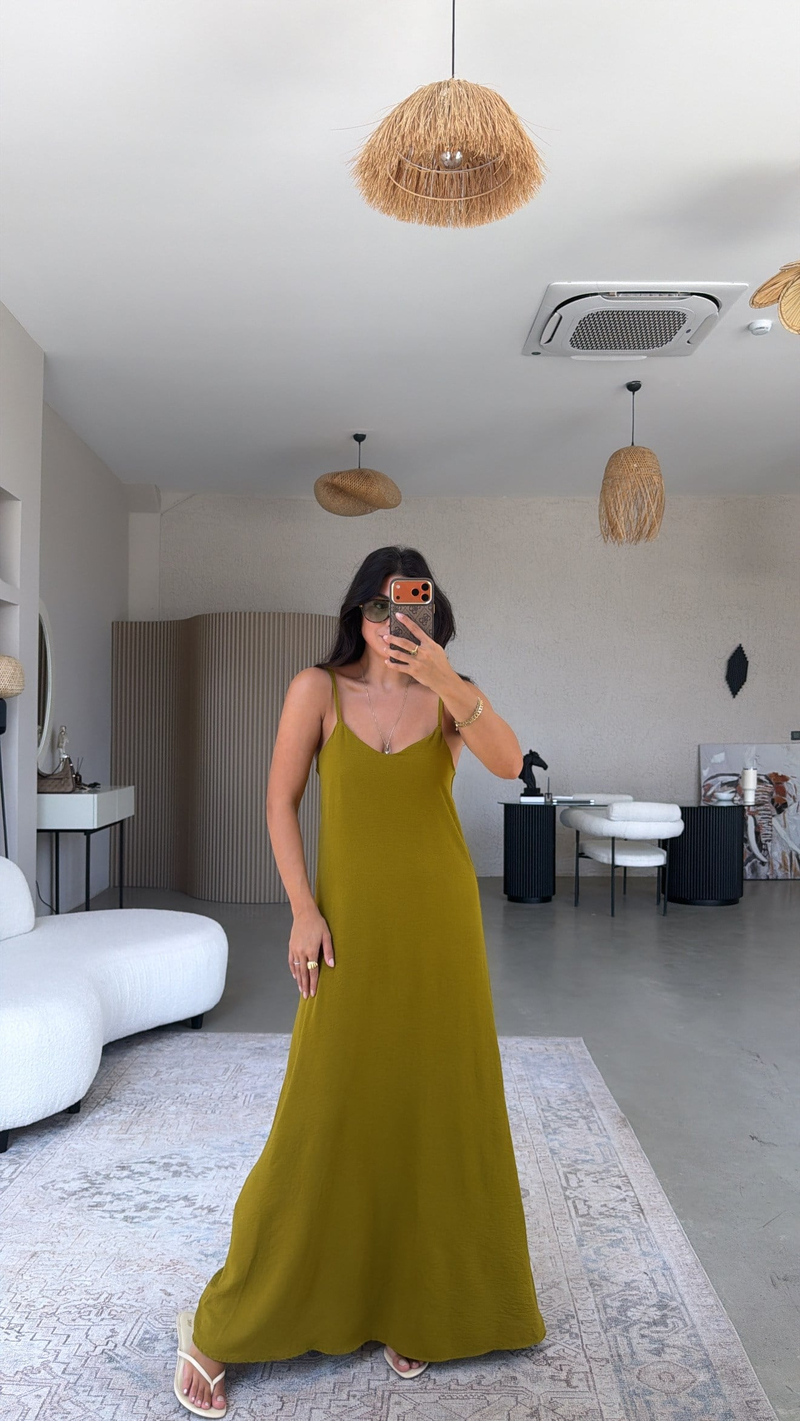 Olive Asansör Askılı Tiril Elbise
