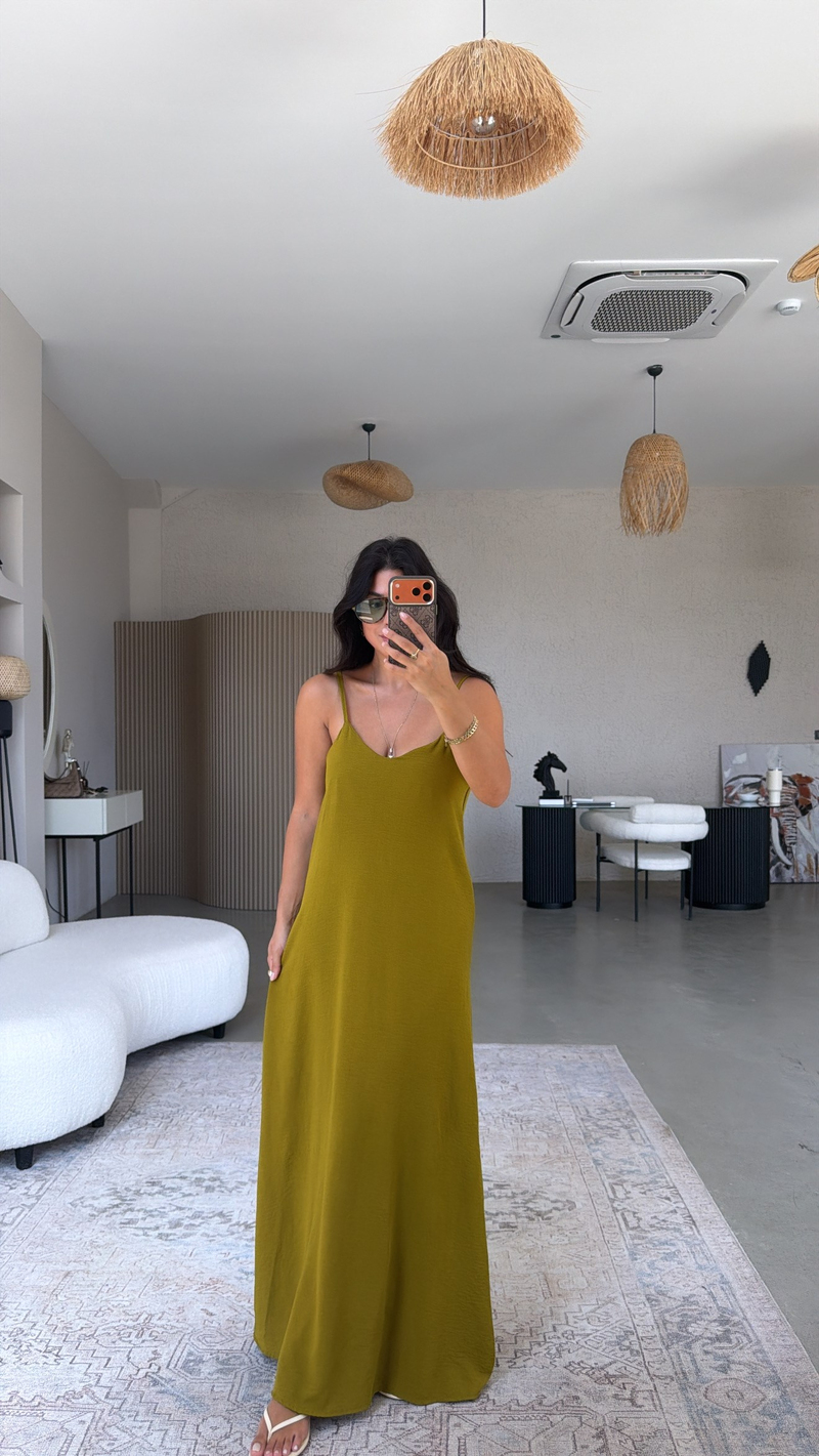 Olive Asansör Askılı Tiril Elbise
