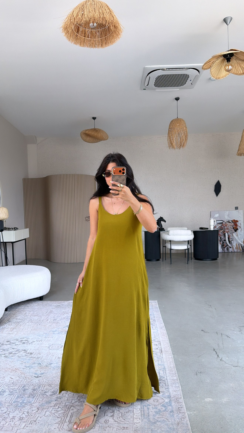 Olive Askılı Yırtmaçlı Maxi Dökümlü Elbise