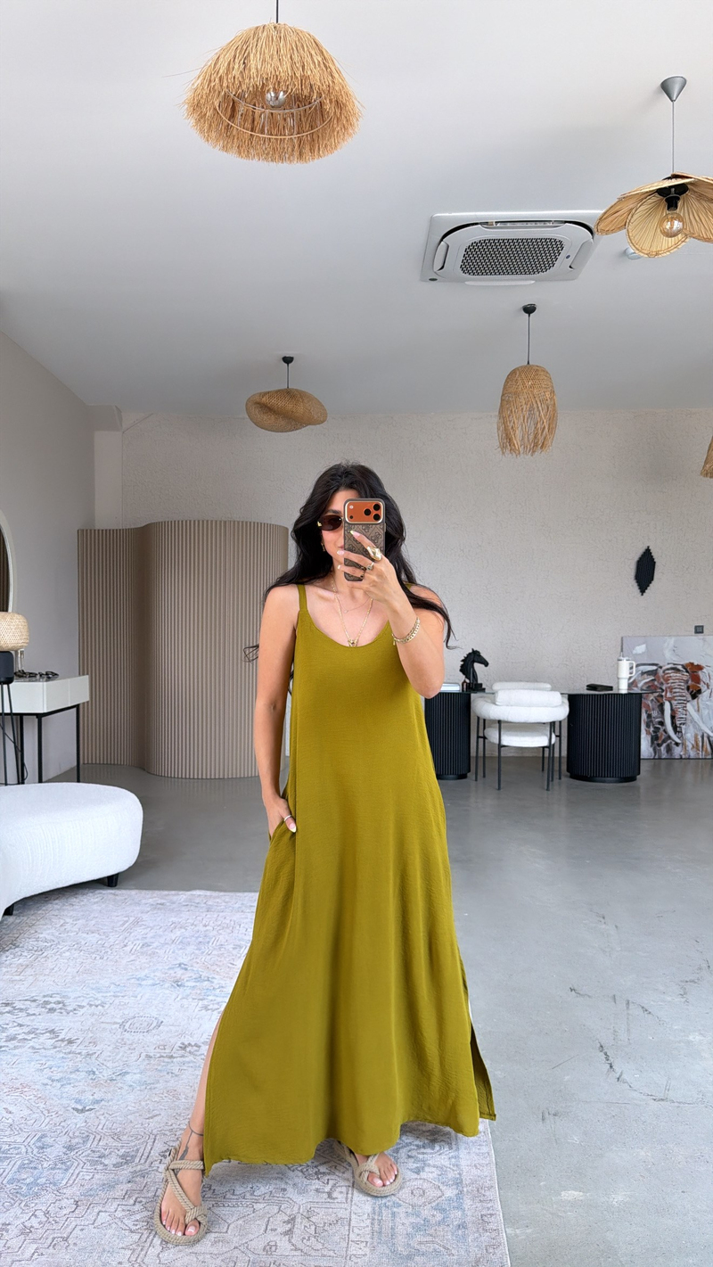 Olive Askılı Yırtmaçlı Maxi Dökümlü Elbise