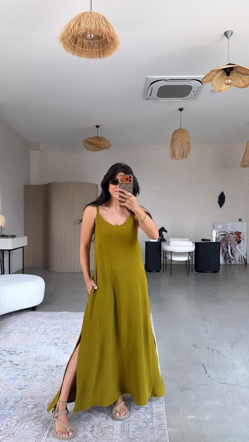 Olive Askılı Yırtmaçlı Maxi Dökümlü Elbise