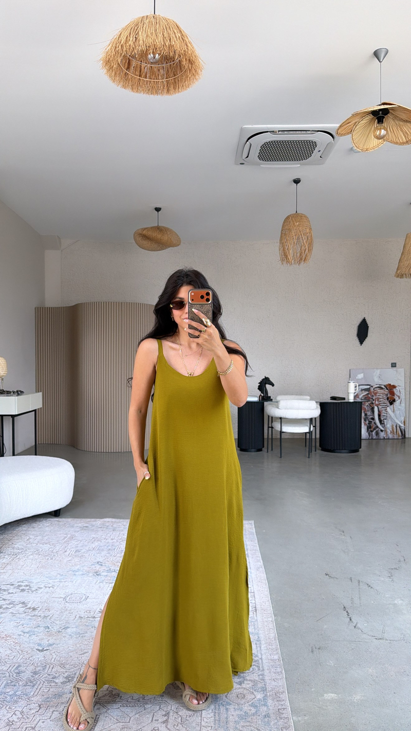 Olive Askılı Yırtmaçlı Maxi Dökümlü Elbise