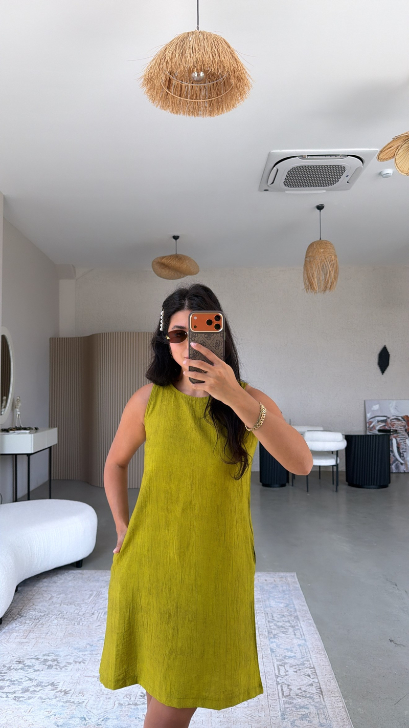 Olive Basic Yıkamalı Kumaşlı Elbise