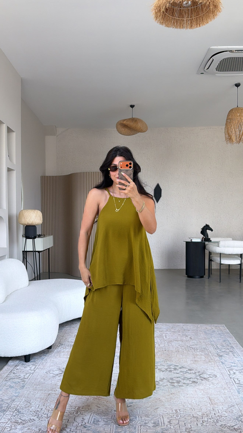 Olive Bluz Pantolon Görünümlü Tiril Tulum