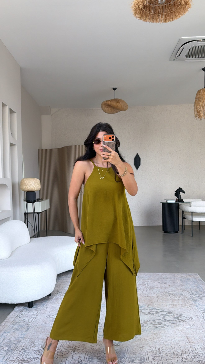 Olive Bluz Pantolon Görünümlü Tiril Tulum