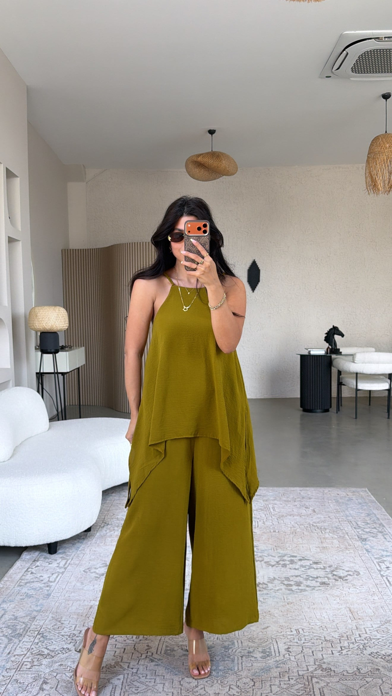 Olive Bluz Pantolon Görünümlü Tiril Tulum